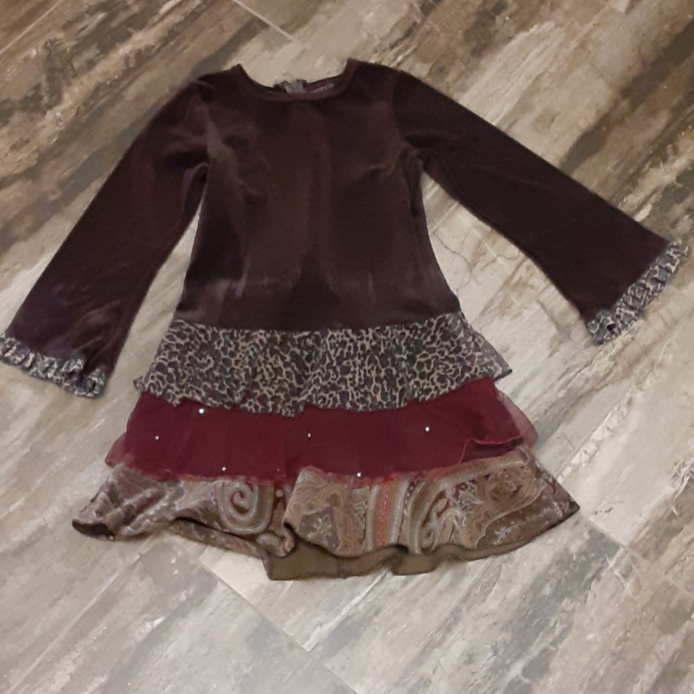 Girls Size 6X Long Sleeve Leopard Daisy Brown Velour Dress – Great Condition